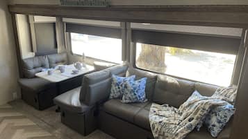 TV connectée, cheminée, lecteur de DVD, livres