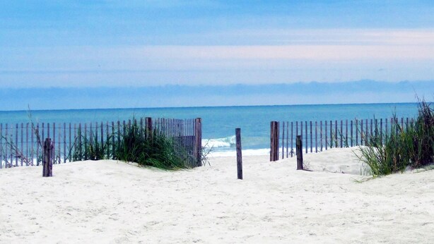 Una spiaggia sabbiosa con una recinzione in legno ed erba alta.