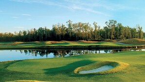 Un campo da golf con ostacoli d'acqua, bunker di sabbia e una foresta sullo sfondo.
