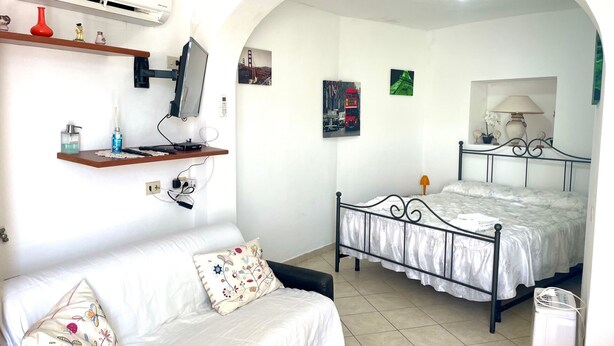 A bedroom with a bed, a sofa, an air conditioning unit, and a TV. - Conti Holiday Homes - Begonia (Ponza)