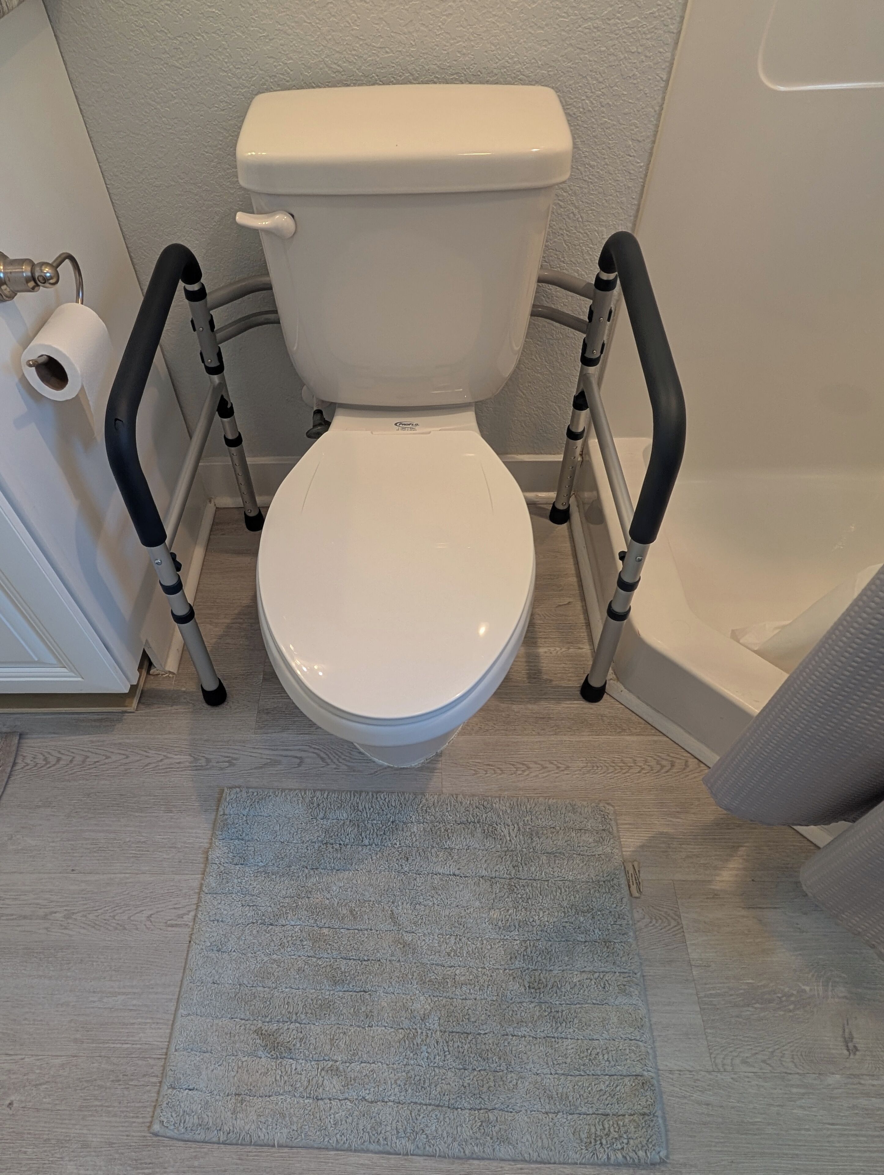 A white toilet with a raised seat, positioned between two black support bars, in a bathroom with a wooden floor and a gray rug.