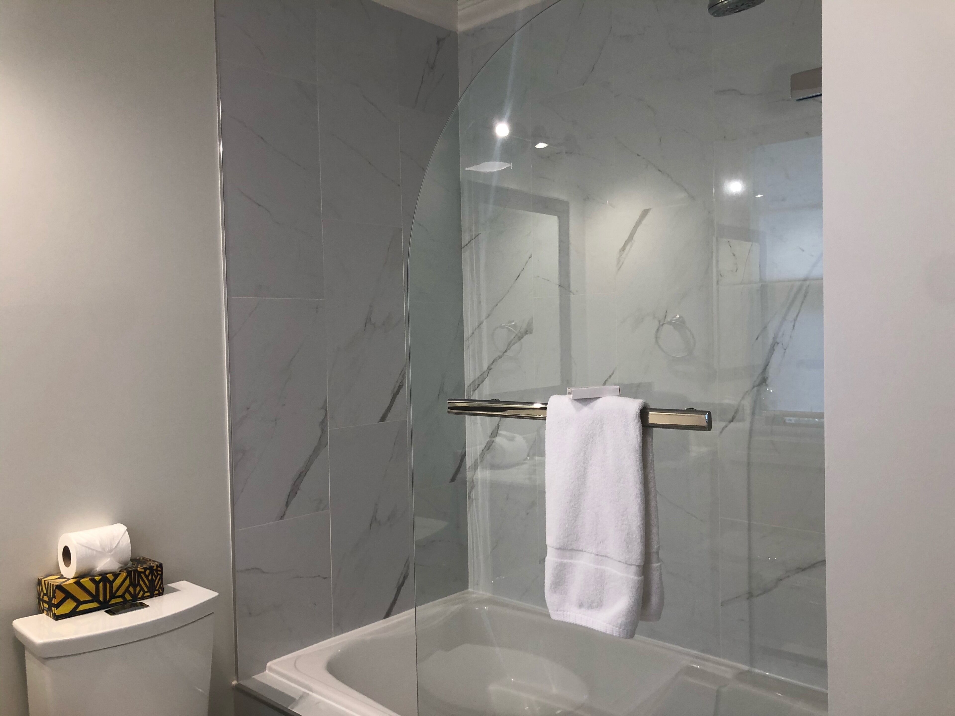 Combined shower/tub, hair dryer, towels, toilet paper