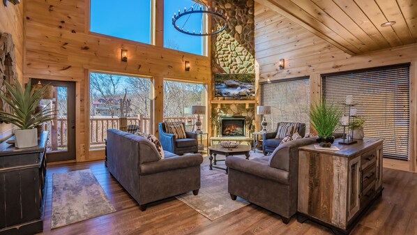 Smart TV, fireplace, video games, DVD player