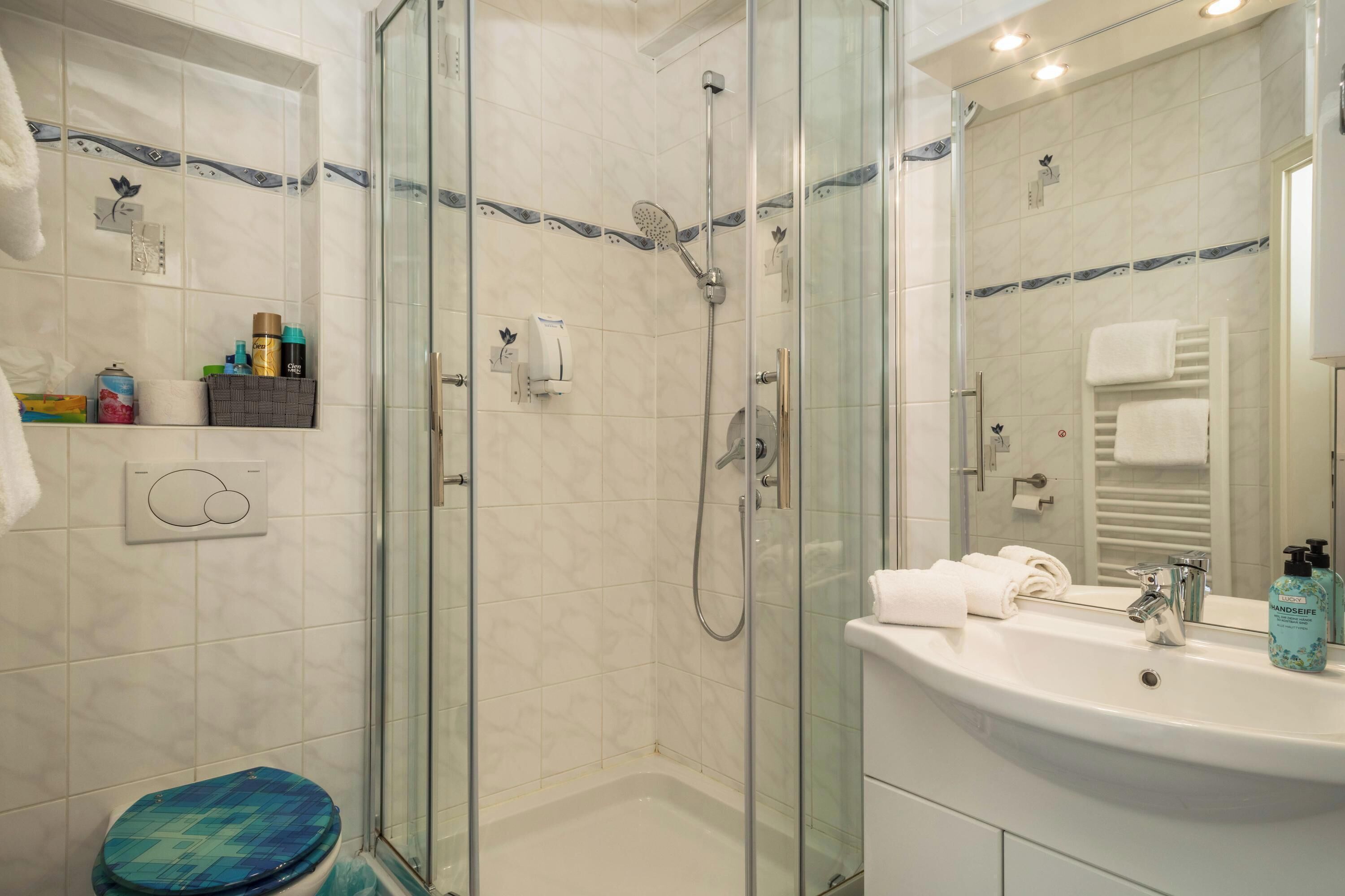 Shower, hair dryer, towels