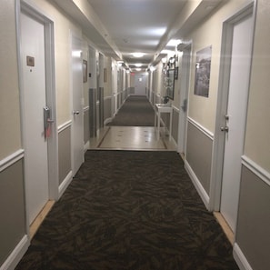 Un pasillo de hotel con pisos alfombrados, paredes blancas y puertas a ambos lados.