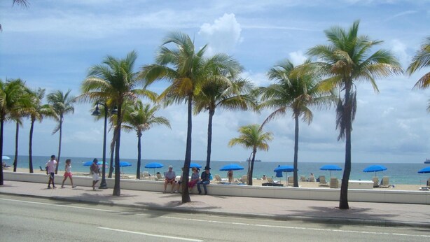A beach with palm trees, umbrellas, and people. - 1 BR Condo 1406L - 2 blocks off beach with great Ocean and Intercoastal Views. (Fort Lauderdale)