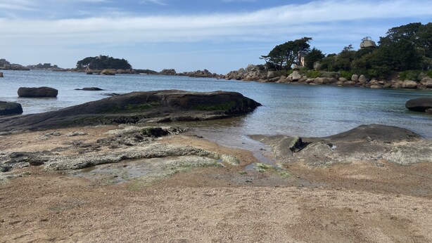 Un paisaje costero con costas rocosas, aguas tranquilas y una colina distante cubierta de árboles.
