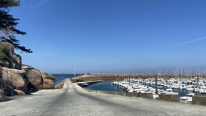 Una carretera pavimentada que conduce a un puerto deportivo con barcos amarrados.