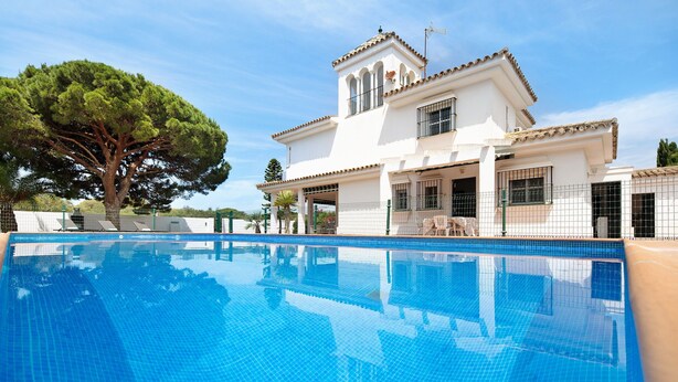 Blick auf einen Pool vor einer weißen Villa mit einem großen Baum und blauem Himmel.