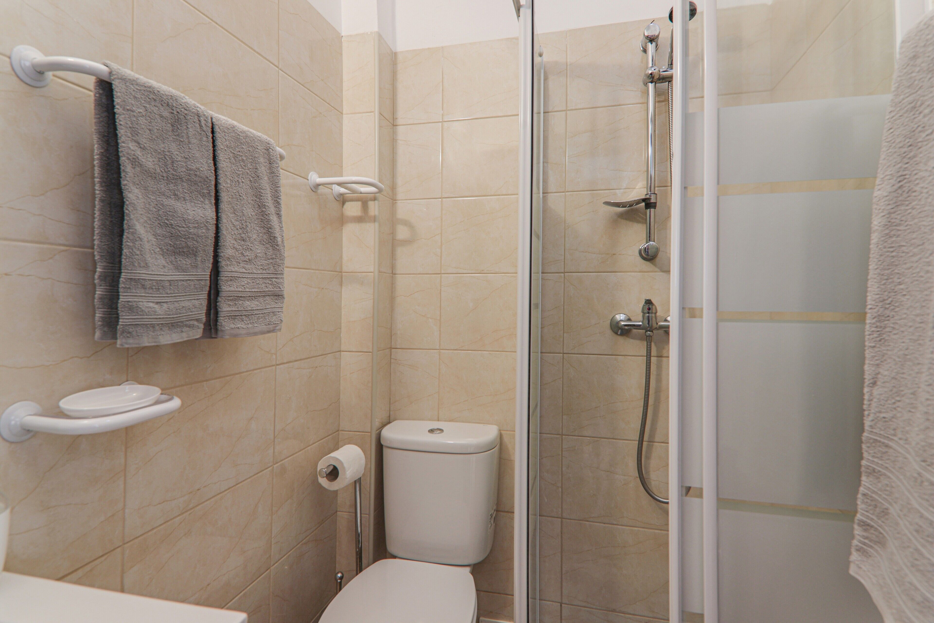 Shower, hair dryer, towels