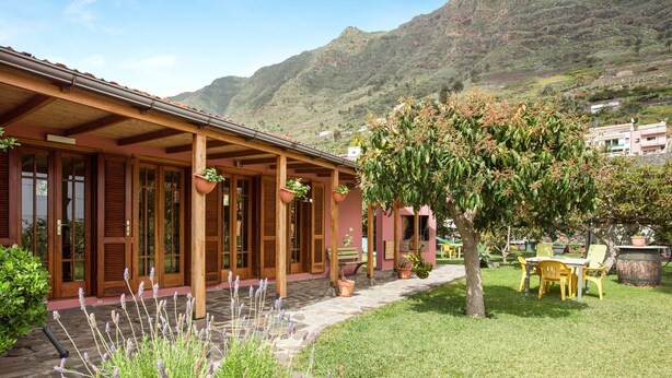 A building with a covered patio, potted plants, and a grassy area with a tree. - Vacation Home "Elvira Hermigua" with Sea View, Mountain View, Terraces & Garden (Hermigua)