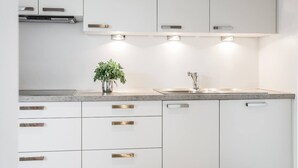 Eine moderne Küche mit weißen Schränken, Edelstahlgriffen, einer Arbeitsplatte aus Granit, einem eingebauten Backofen und einem kleinen Topfpflanzen.