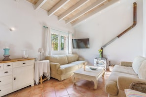 TV, fireplace - Villa “Ca Ses Nines” with Mountain View, Pool, Wi-Fi, A/C, Terrace & Garden (Puerto de Andratx)