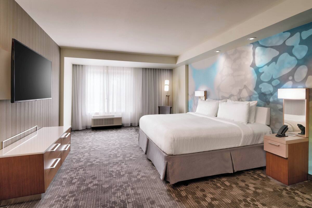 Hotelkamer met een groot bed, een bureau met lades, een flatscreen televisie, een raam met gordijnen en een wand met een reliëf muurschildering.
