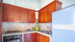Eine Küche mit Holzschränken, einem Gasherd, einem Backofen, einer Spüle und einem Kühlschrank.