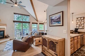 Televisie, een open haard en een kantoor