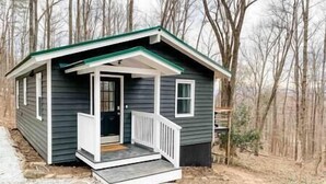 A small, single-story cabin with a front porch and a door. - Mountain Retreat: Virginia Foothills (Charlottesville)