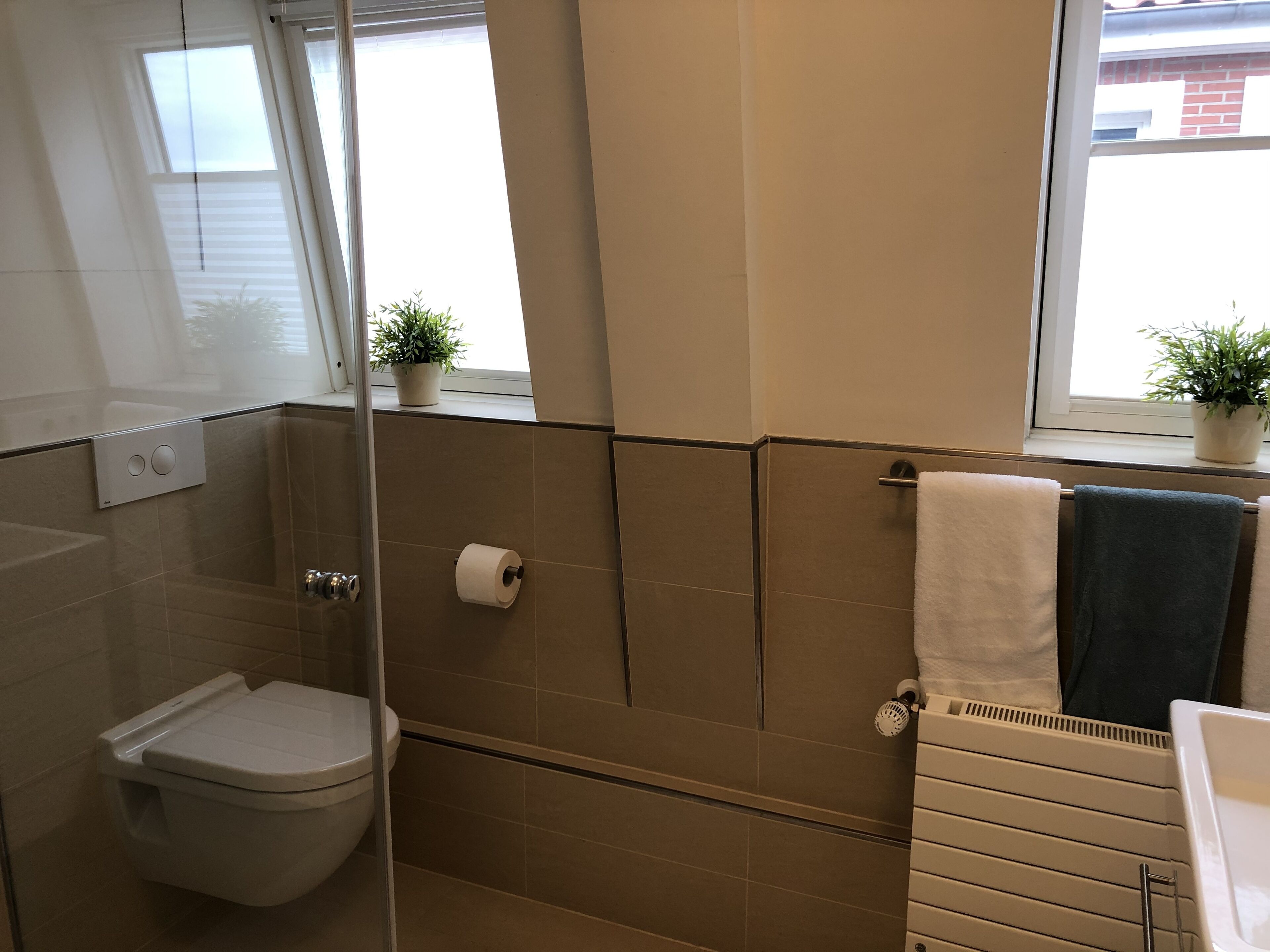 Une salle de bain moderne équipée de toilettes, d’une douche et d’un lavabo. Deux plantes en pot sont posées sur le rebord de la fenêtre.