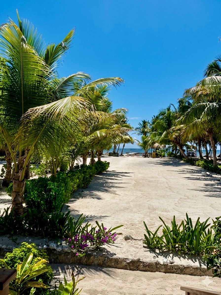 A sandy pathway lined with palm trees leading to a beach.
