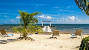 Una playa con un muelle de madera, sillas de descanso y una palmera.