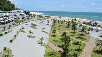 Una zona costera con playa, palmeras y edificios.