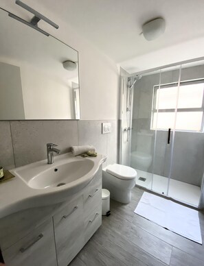 Chuveiro, secador de cabelo, toalhas de banho, sabonete