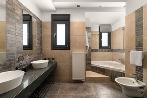 Bathtub, hair dryer, bidet, towels