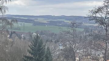 Ländliche Landschaft mit sanften Hügeln, einem kleinen Dorf und einer markanten Kirche.