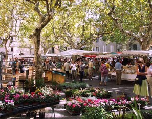 Un mercato all'aperto con diverse bancarelle e persone che curiosano.