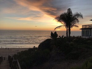 Vista del atardecer sobre el océano con una palmera y un edificio a la derecha.