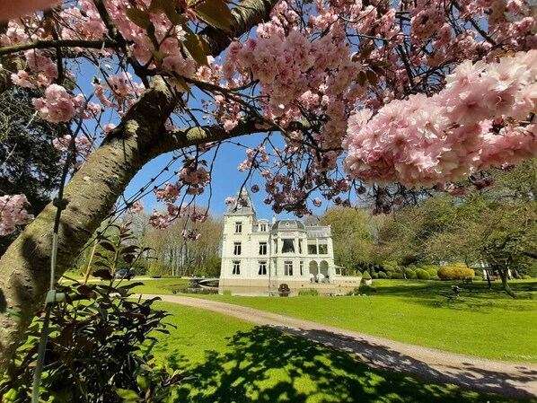 A large, classical building with a symmetrical facade and multiple windows, surrounded by a well-maintained lawn and blooming cherry trees.
