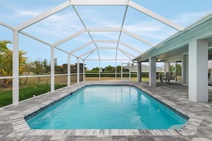 A heated pool, pool loungers