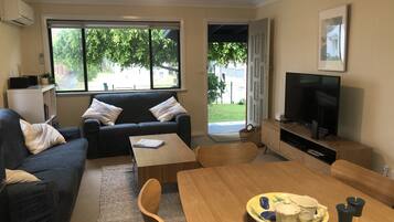 Télévision à écran plat, cheminée, lecteur de DVD, jouets