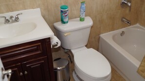 Combined shower/tub, hair dryer, towels, soap