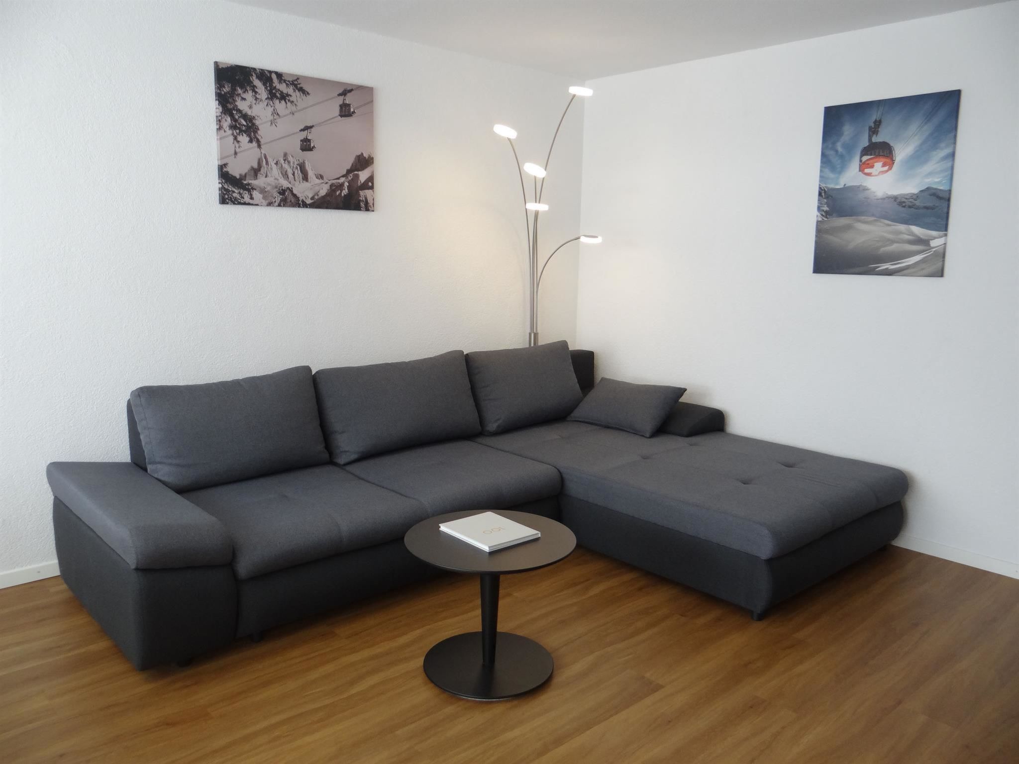 A modern living room with a grey sectional sofa, a small round table with a book, and two wall-mounted artworks depicting mountainous landscapes.