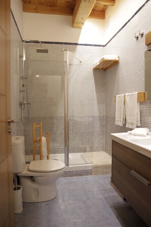 Shower, hair dryer, towels, toilet paper