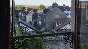 Uitzicht vanuit een raam met een stenen muur en een metalen hek, op een stad met traditionele gebouwen en een heldere lucht.