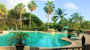 A swimming pool surrounded by palm trees and lounge chairs.