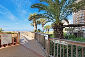 Walk along the beachfront boardwalk, lined with palm trees and offering scenic ocean views.