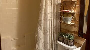 Combined shower/tub, towels, soap, toilet paper