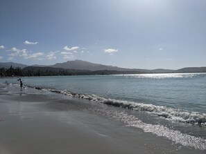 On the beach, sun-loungers, beach towels