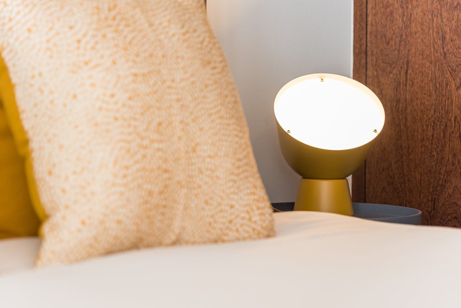 A bed with a white pillow and a bedside lamp.