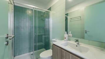 Shower, hair dryer, towels