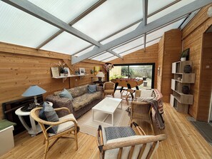 TV, fireplace, table football, books