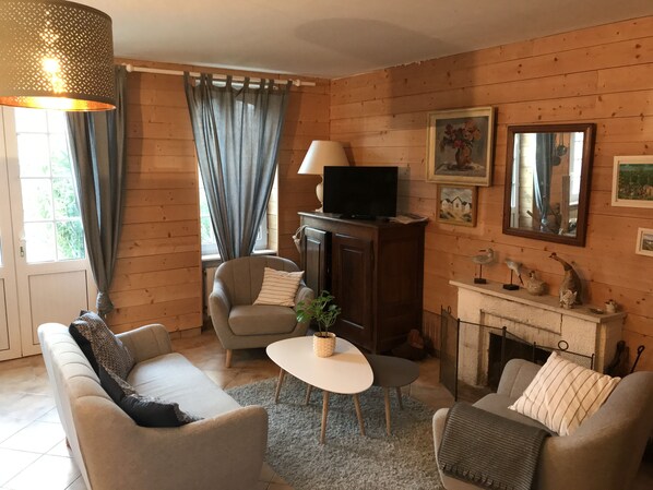 Télévision, cheminée, baby-foot, livres