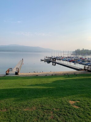 Enjoy serene lakeside views from the marina's grassy area, with a dock extending into the water.