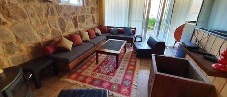 Flat-screen TV, fireplace