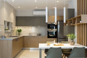 Fridge, microwave, oven, dishwasher