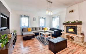 TV, fireplace, table football, ping pong