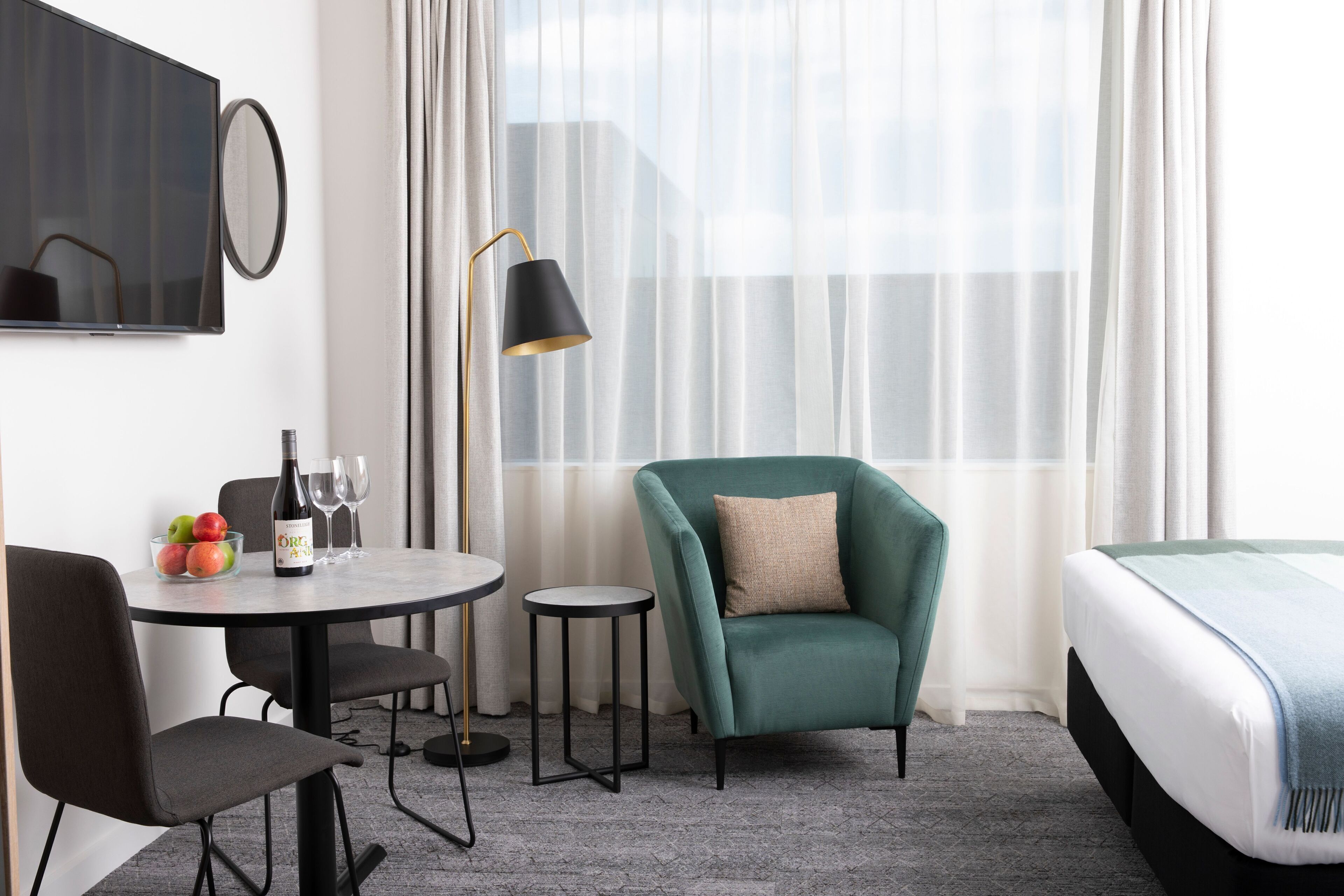 Premium bedding, desk, soundproofing, iron/ironing board